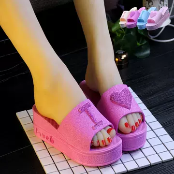 Slippers for women, high heels, thick soles, fashionable outerwear, Korean version, cute indoor home, bathroom, sandals, slippers, beach sloping heels - ShopShipShake