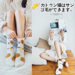 Coral velvet home socks 19 new items autumn and winter cartoon cat series women's medium crew socks floor socks half velvet sleep socks