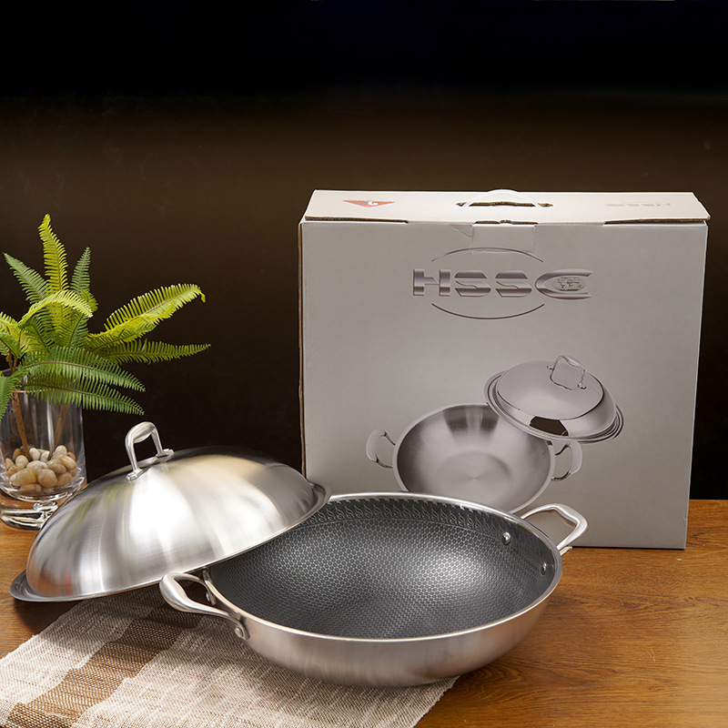 廠家直銷不鏽鋼炒鍋三層鋼40厘米雙耳大炒鍋蜂巢無煙不粘鍋批發