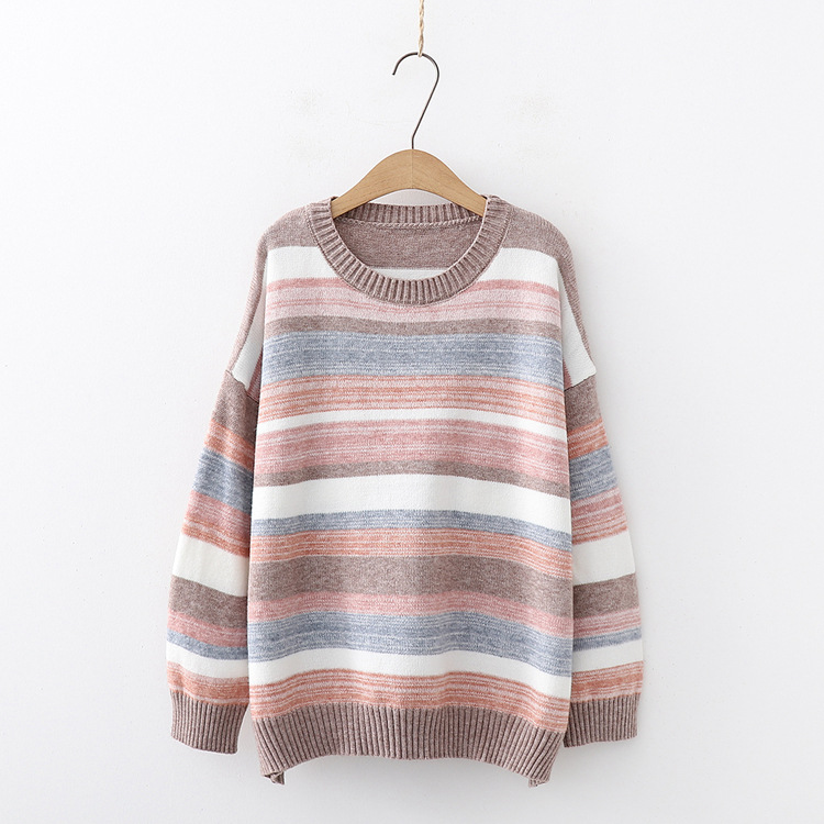 loose rainbow striped long-sleeved round neck pullover sweater nihaostyles clothing wholesale NSSX89112