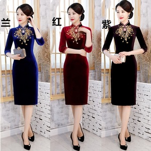 Chinese Dresses Qipao for women robe chinoise cheongsam Velvet cheongsam nail bead long dress