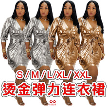 GL6301 欧美女装亚马逊夜店 烫金高弹力深V领拉链绑带 性感连衣裙