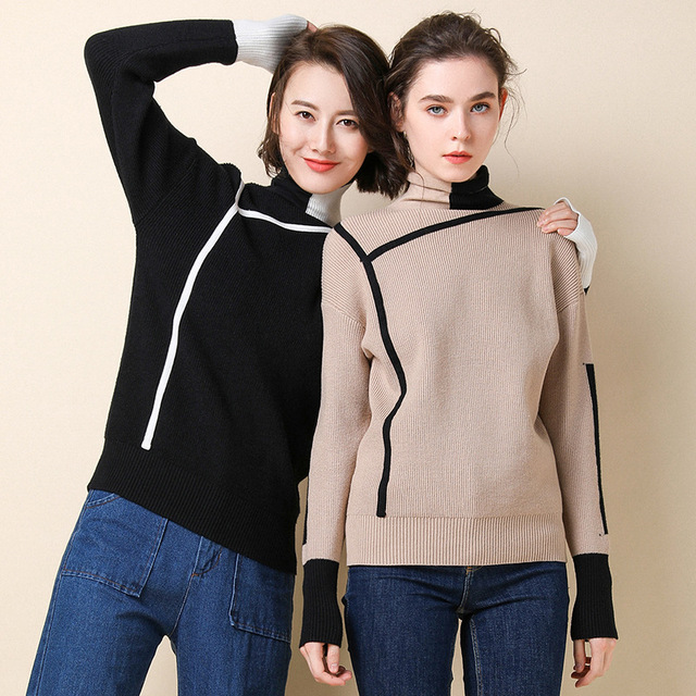 Quality 2019 new splicing color blocking Pullover high neck fit women’s cashmere knitwear origin source