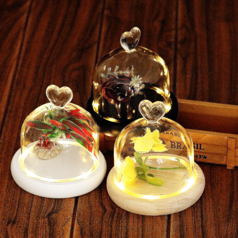 小爱心木底座灯光玻璃罩 创意摆件防尘罩 永生花玻璃罩厂家批发