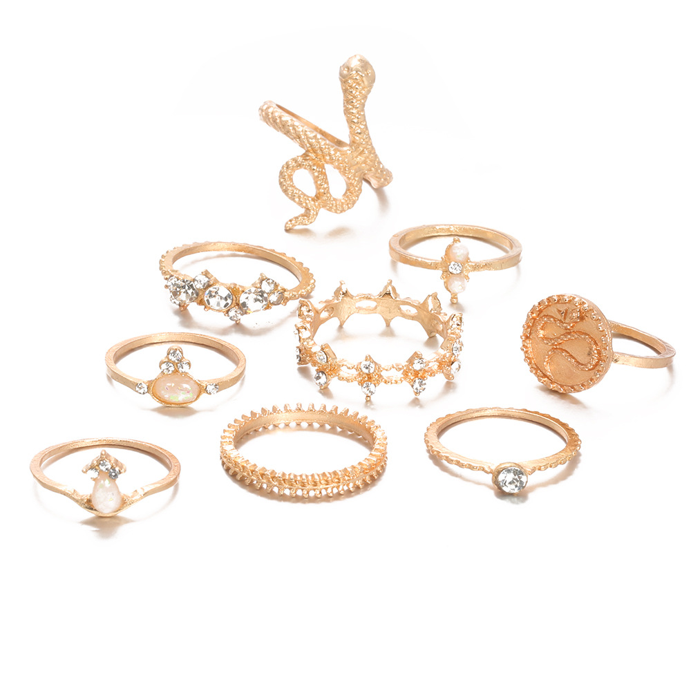 Cross-border New Ring Set Fashion Geometric Snake-shaped Diamond Leaf Ring Tail Ring 9-piece Set display picture 5