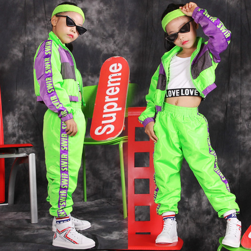 儿童街舞套装女童爵士舞hiphop嘻哈女孩走秀露脐jazz表演服荧光衣