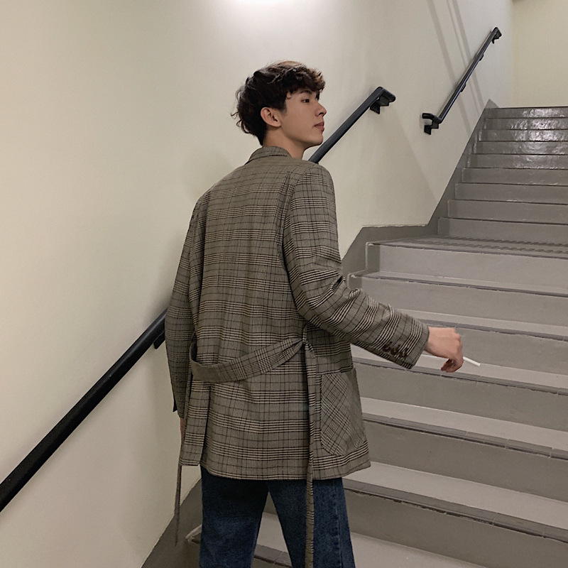 文艺男士休闲西装 格纹绅士时尚韩版西服潮 带腰带