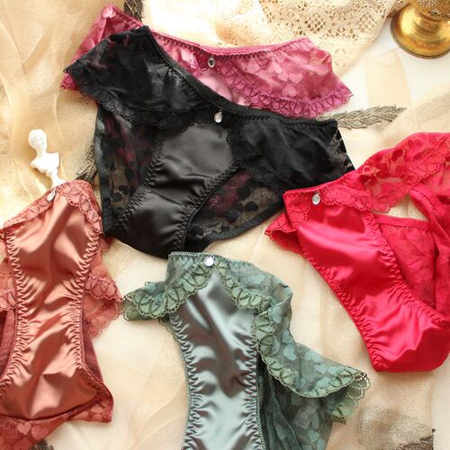Winter New High-Elastic Satin Color Denim Women's Mid-Thigh Texture Heart-Shaped Mesh Triangle Panties