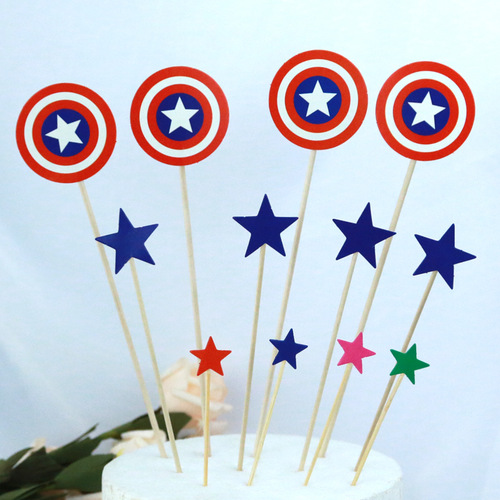 Baking cake decoration, Captain America shield five-pointed star plug-in, colorful five-pointed star plug-in, birthday decoration