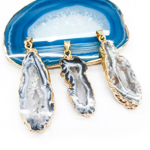 Natural Brazilian Agate Raw Stone Pendant Crystal Cave Slice Pendant Hollow Agate Crystal Tooth Necklace Gold Plated with Edge Gold Plating