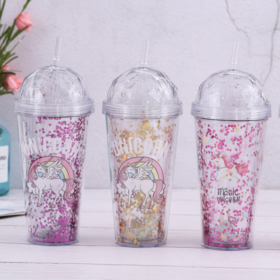 厂家批发定制LOGO吸管杯 独角兽亮片杯子韩版学生双层水杯|ms