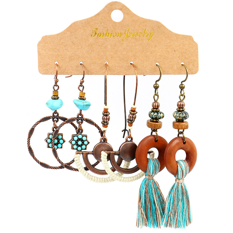 1 Set Retro Bohemian Round Water Droplets Flower Irregular Tassel Inlay Alloy Turquoise Drop Earrings display picture 5
