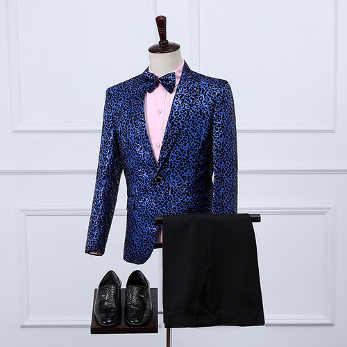 Male blue red leopard jazz dance sequins suit singers host stage dress suit and pants photos shooting nightclub performances coats and trousers groomsman dress suits