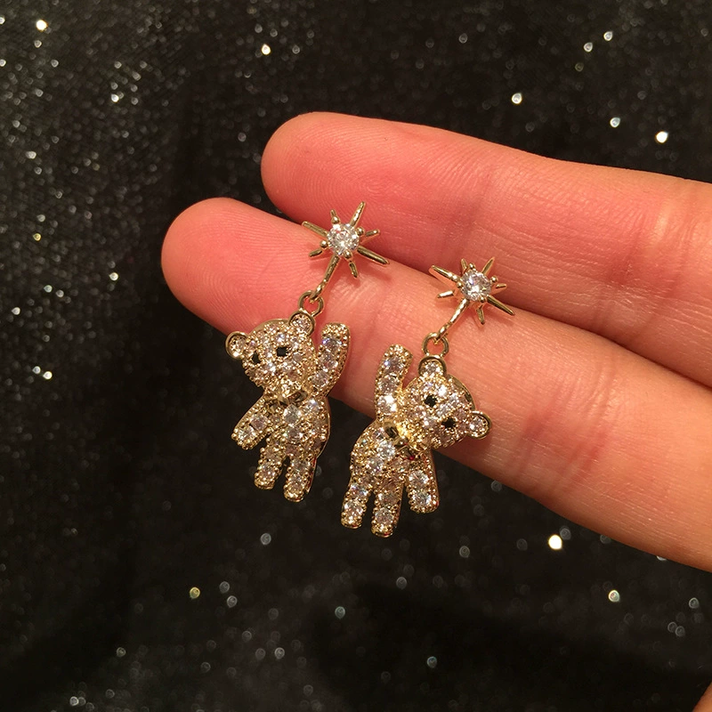 Golden cute earrings with zircon, silver 925 sample, with little bears, micro incrustation, simple and elegant design, internet celebrity