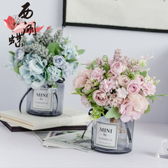 Transparent flower ware for living room, creative hydrangea artificial flower ornaments, dining table floral artificial flower set manufacturer wholesale