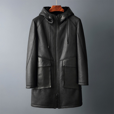 海宁皮毛一体男连帽长款皮衣牛皮擦色口袋真皮真毛皮草大衣外套