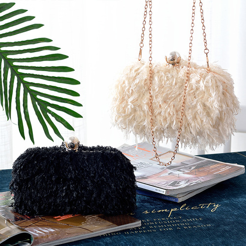 New Arrival Pearl & Feather Handbag with Chain Strap, One-Shoulder Banquet Bag, Evening Gown Bag, Qipao Clutch, Fashionable Women's Bag