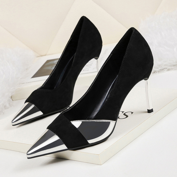 Fashion pointed shallow high-heeled stitching slim-heeled shoes