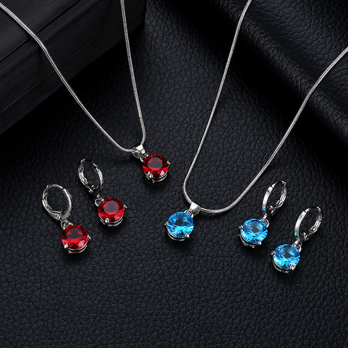 New AliExpress hot selling fashionable temperament jewelry necklace earrings two-piece round multi-color zircon pendant set