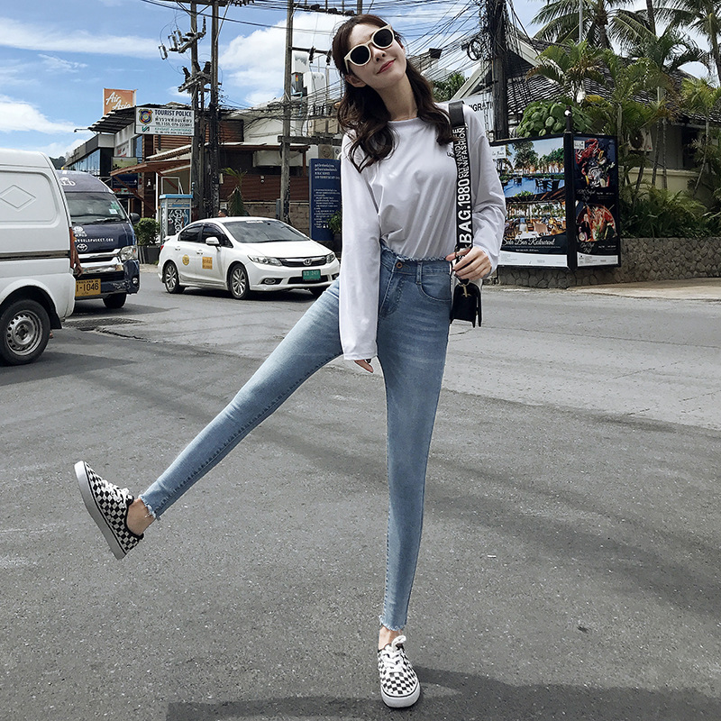 网红牛仔裤女夏 高腰显瘦浅色高弹力紧身九分黑色小脚裤子薄款|ru