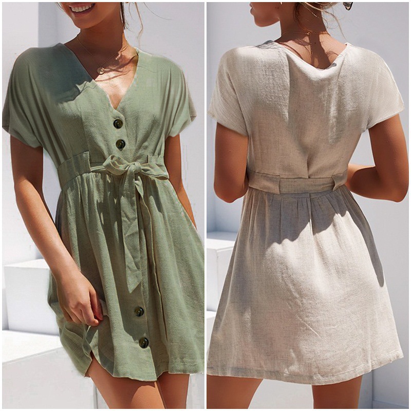 summer new V-neck short-sleeved lace cardigan single-breasted solid color dress  NSYD6037