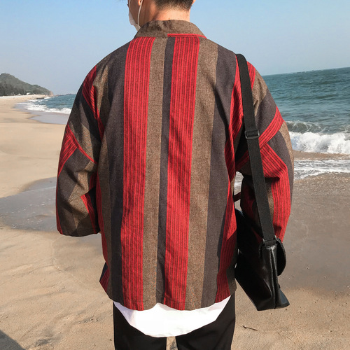 Japanese and Chinese style kimono Harajuku cardigan with loose blue stripes