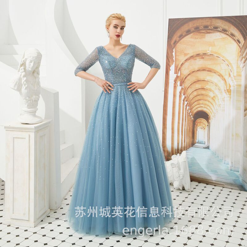engerla Evening Gown Women's 2021 New French Style Light V-neck Women's Gown with Trailing Luxury and Simple Toasting Gown