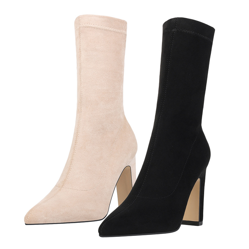Europe and the United States autumn/winter 968-1 web celebrity new suede thick with female boots party with female documentary shoes pointed cone high boots