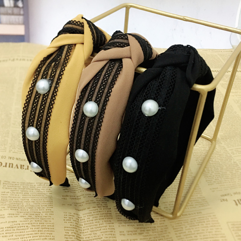 Korean new style lace headband Korean wide side knotted pearl headband