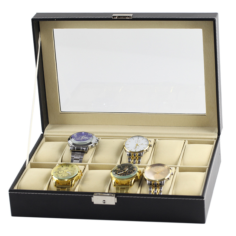 一字锁12位手表盒带盖开窗展示手表展示盒收纳腕表皮革盒首饰盒