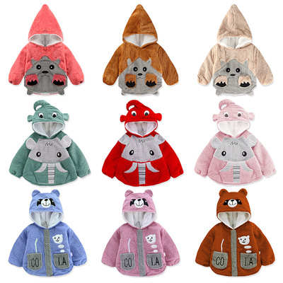 宝宝冬季保暖罩衣带帽夹棉加厚婴儿加绒反穿衣儿童羊羔绒倒褂棉袄