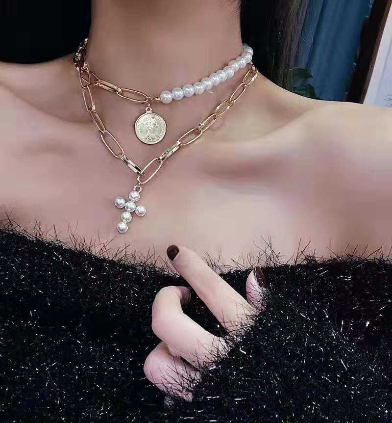 Retro Coin Pearl Cross Pendant Necklace