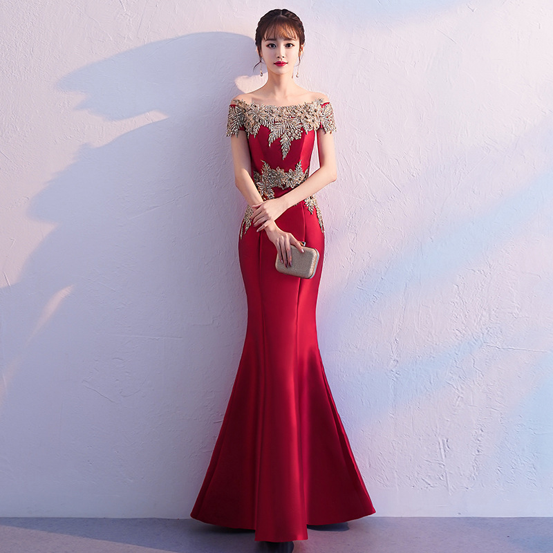 Chinese Dress Qipao for women red one shoulder fishtail dress wedding party evening  dress female aura queen Robes chinoises