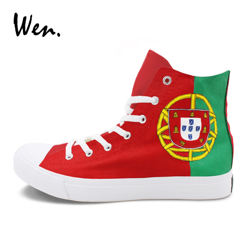 Wen 103-2高端手繪鞋 中性帆布鞋葡萄牙旗幟紅綠色潮鞋男高幫女