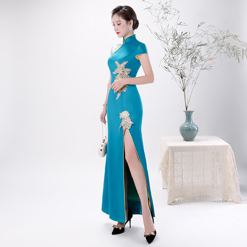 Chinese Dress Qipao for women Fish tail cheongsam sky blue long slit cheongsam ceremonial cheongsam custom made