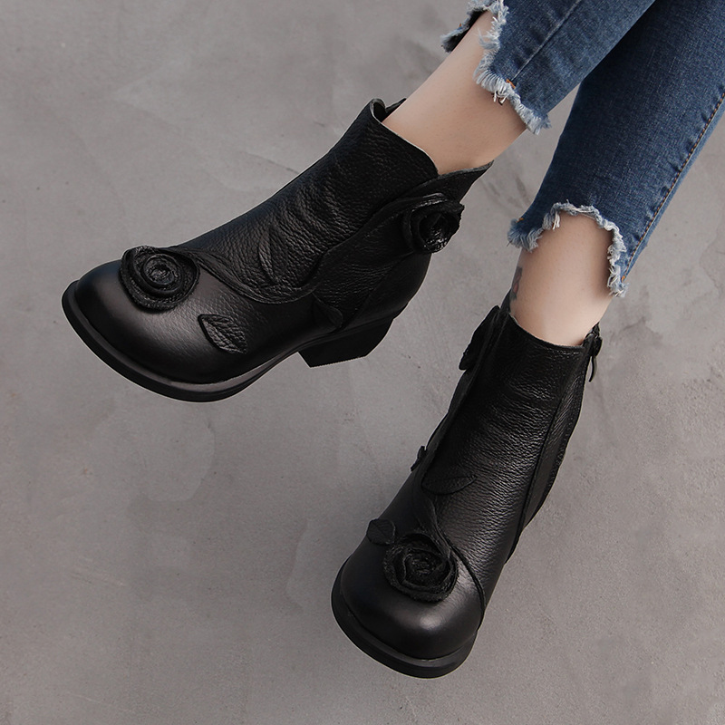 Xinrui Foreign Trade Autumn/Winter New Style Chunky Heel Genuine Leather Ethnic Style Mid-Heel Martin Boots Handmade Floral Short Boots for Export