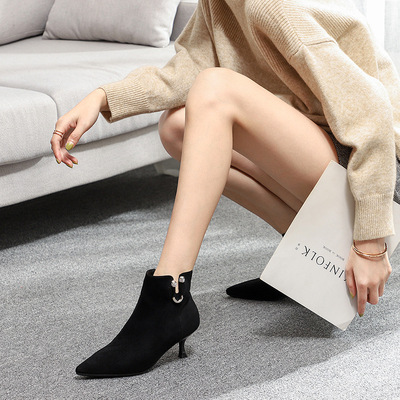 【加絨】短靴女細跟尖頭2019秋冬新款女鞋女士短靴boots惠東女靴
