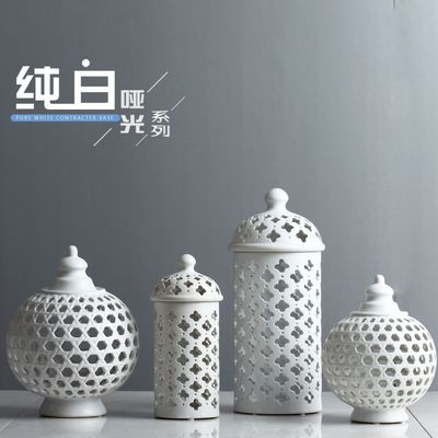 北欧式哑光白色镂空陶瓷将军罐工艺品摆件手工台面陈设家居装饰品|ms