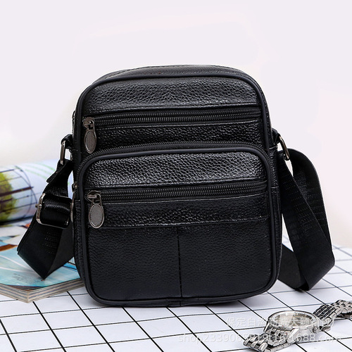 Wholesale genuine leather men's top grain cowhide unisex single-shoulder crossbody bag men's small bag with multiple zippers business bag