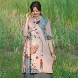 中国风女装夏季短袖上衣棉麻印花衬衫传统手工盘扣复古侧襟衣服