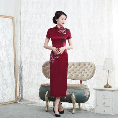 Chinese Dress Qipao for women High grade heavy weight silk cheongsam dress retro wine red black long sleeve woman