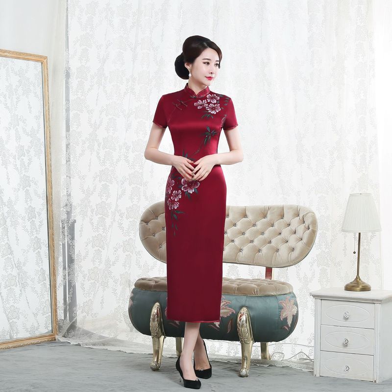 strapless open back dress Sunset Red Print Silk Mothers Maxi Qipao Cheongsam Dress main image 1