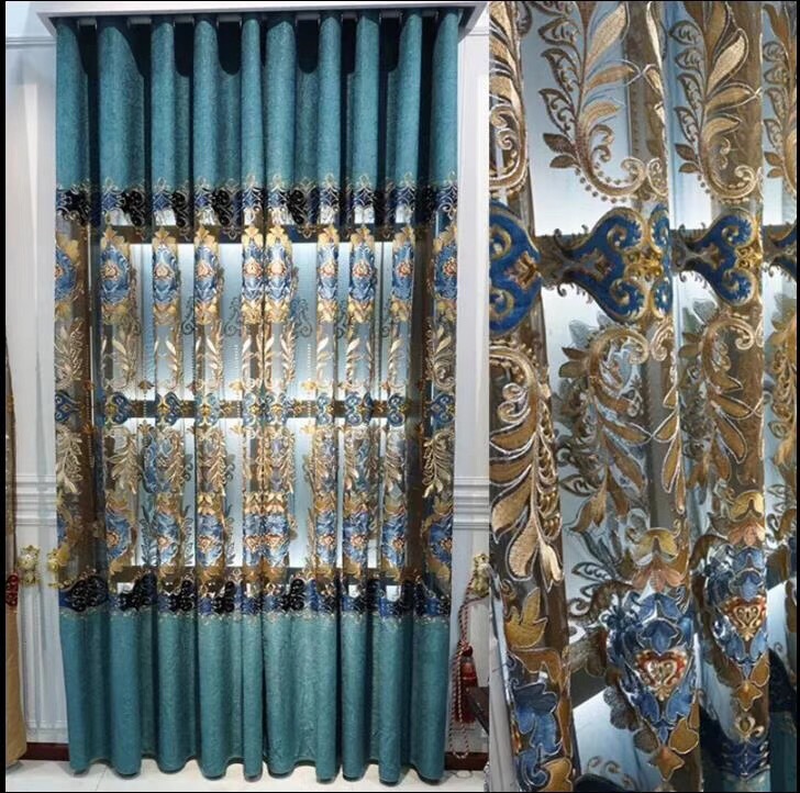 I Jianmei/European-style embroidered chenille oversized hollow velvet embroidered curtain embroidered window screen villa wedding room finished product