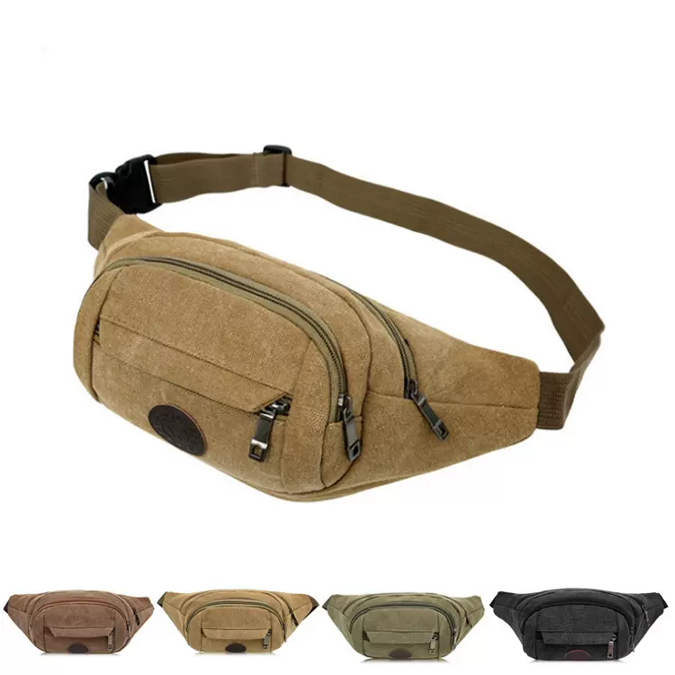 帆布圆标拉链简约运动腰包休闲2020新款男户外跑步手机零钱包批发