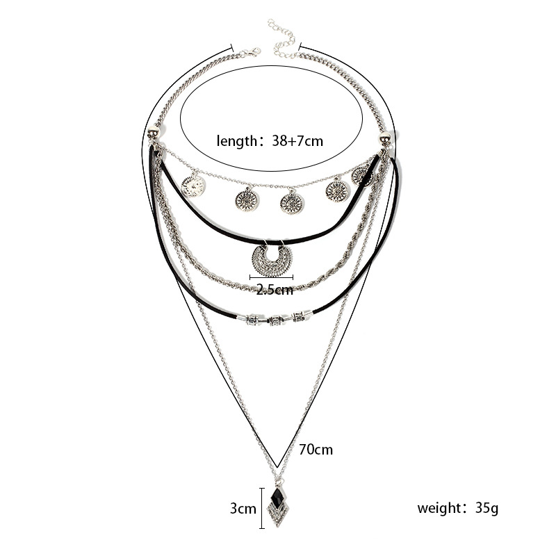 10g Weight Necklace Classification Wedding, Travel Occasion Women'S Gender Fashion Style Silver Color Fashion Retro Geometric Black Multilayer Leather Cord Necklace 无