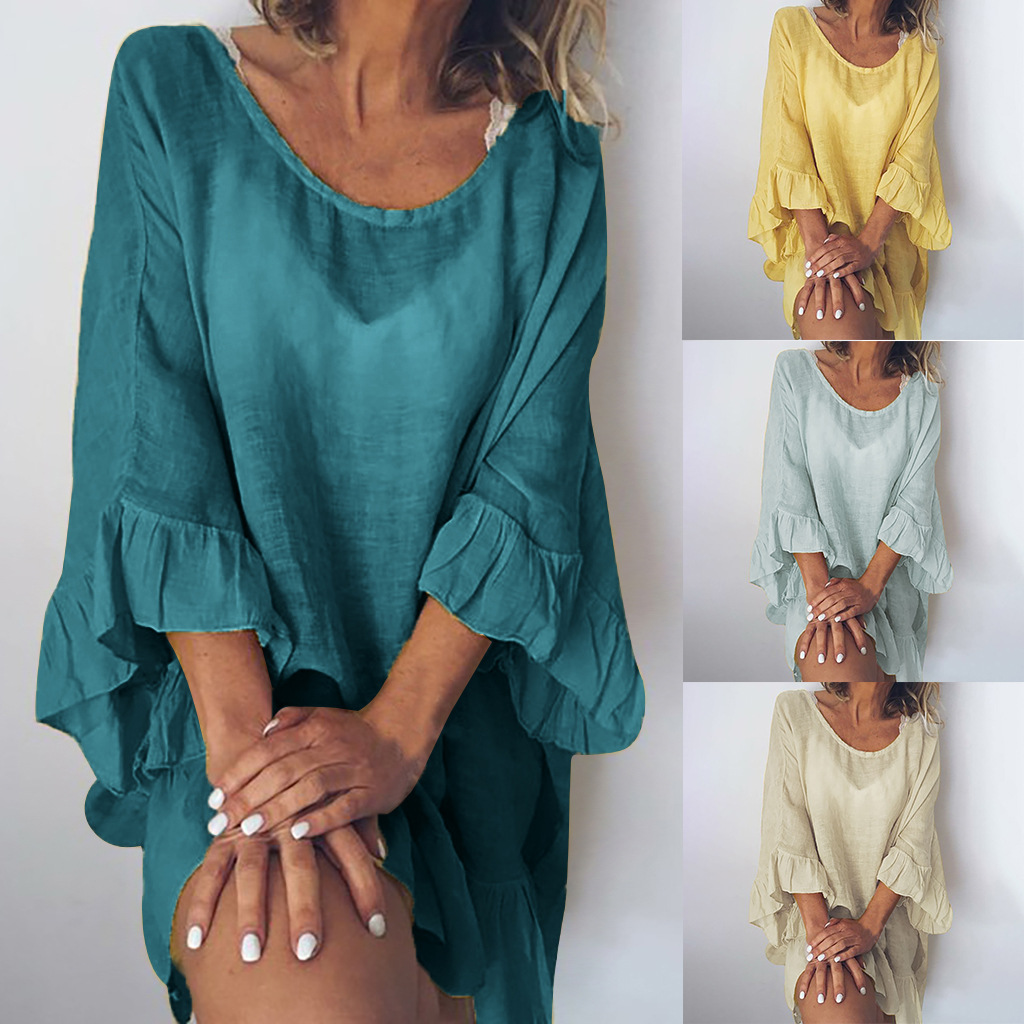 2022 AliExpress 대외 무역 여자의 면 및 린넨 단색 원피스 스티치 연잎 소매 느슨한 비치 블라우스