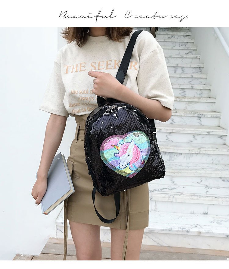 2019夏季新款女士亮片炫彩独角兽双肩包可变色翻面外贸背包学生包 pic 24