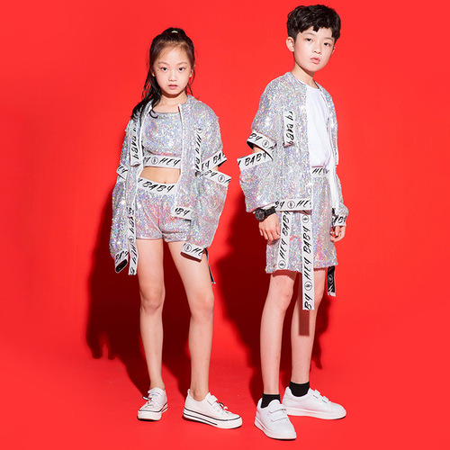 Children boy girls green royal blue silver red yellow sequin jazz dance costume  street hiphop dance outfits for boy girls rapper modern dance costumes