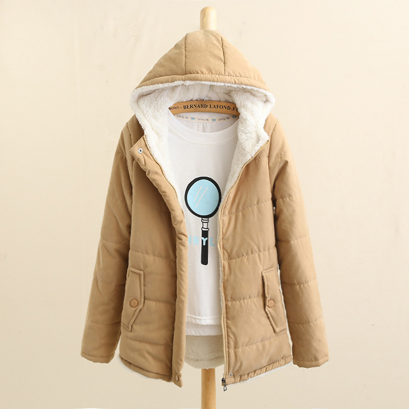 New autumn/winter 2021 plush and thickened Korean version hooded cotton-padded jacket for women with long sleeves bread jacket preppy style
