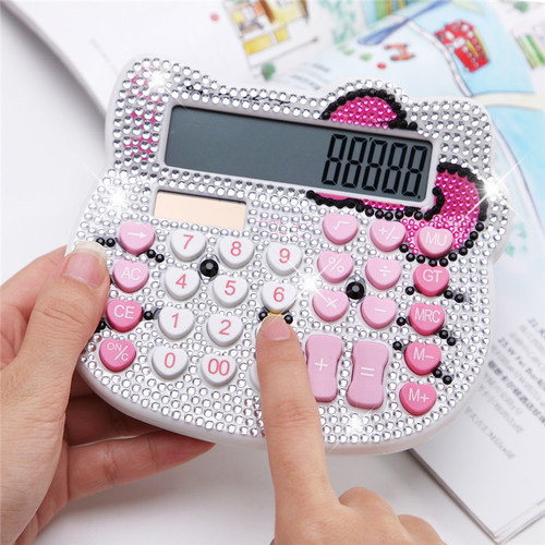 Cute Kitty Cat Head Crystal Calculator Cartoon KT-2288 Bow Tie Solar Calculator with Diamonds